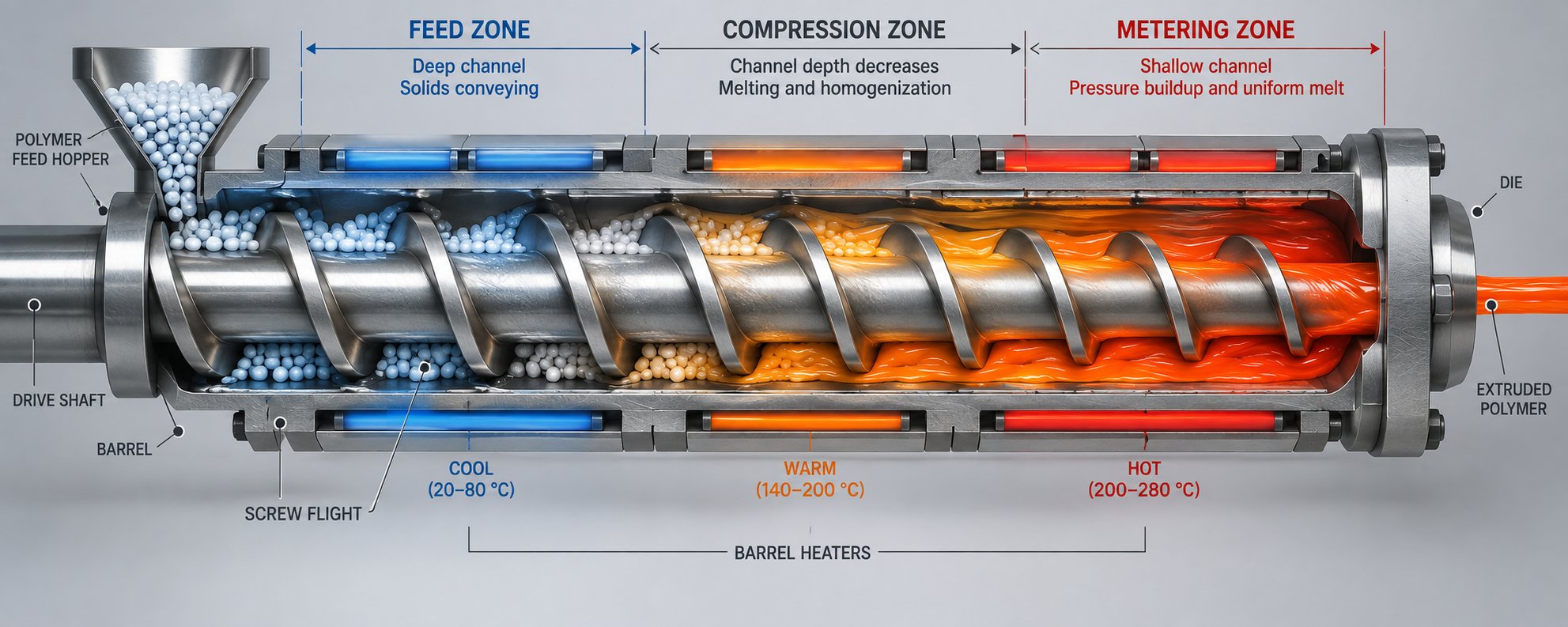 cross section view of the three functional screw zones inside a single screw extruder feed compression and metering