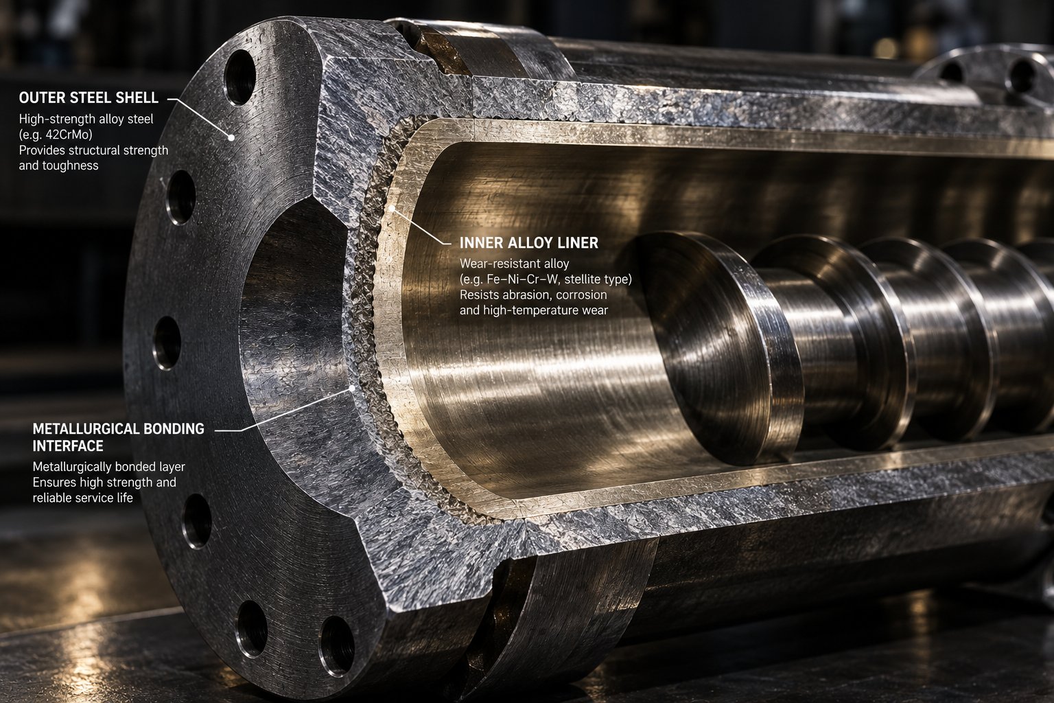 cross section view of a bimetallic barrel showing the alloy liner bonded to the base steel shell