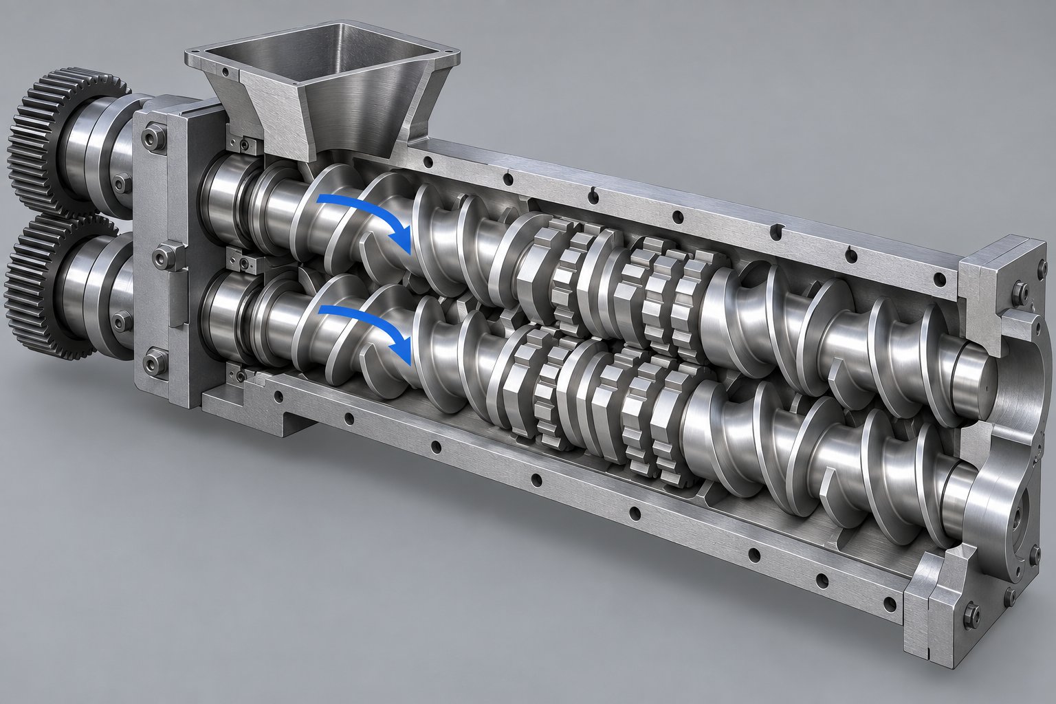 co rotating intermeshing screws deliver self wiping action and intense mixing for compounding and pelletizing applications