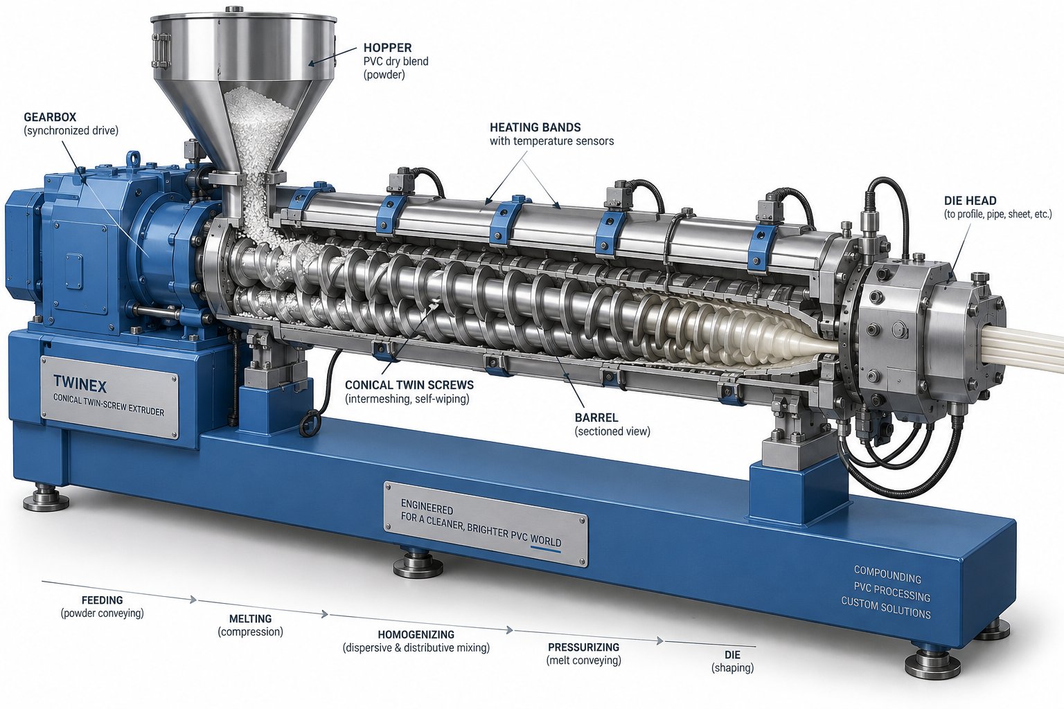 cutaway view of a conical twin screw extruder %E2%80%94 the core unit of a pvc pipe production line