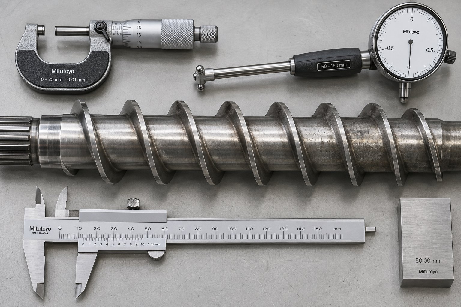 precision measurement tools used to assess screw flight diameter and barrel clearance for repair decisions