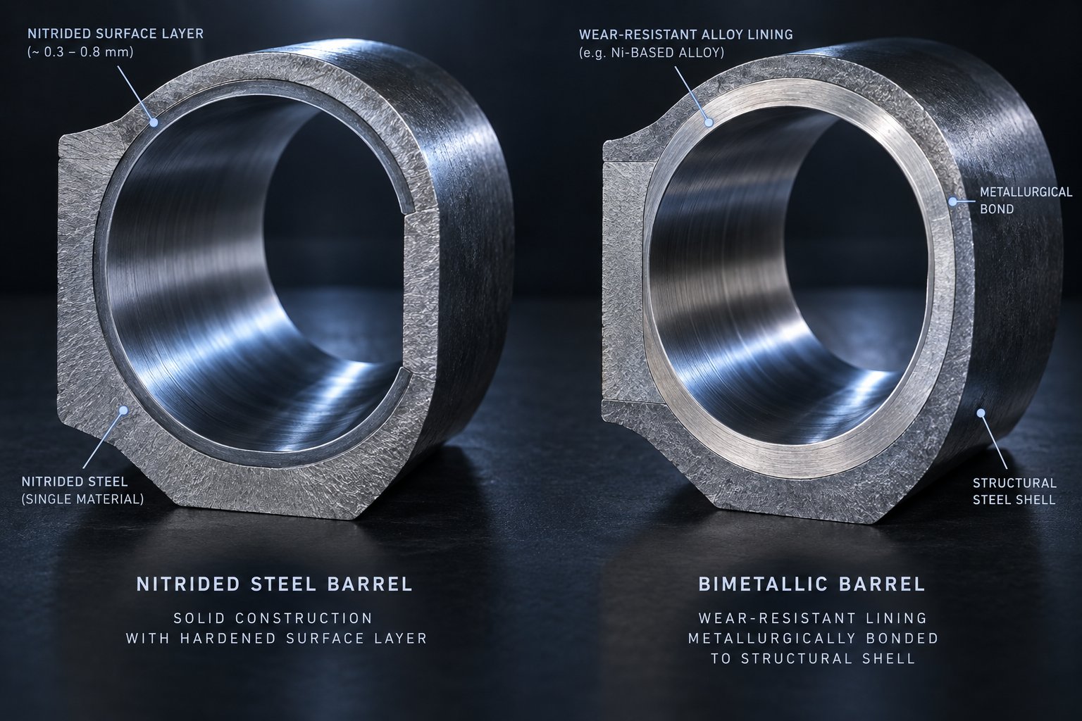 nitrided steel versus bimetallic barrel construction for pvc extrusion applications