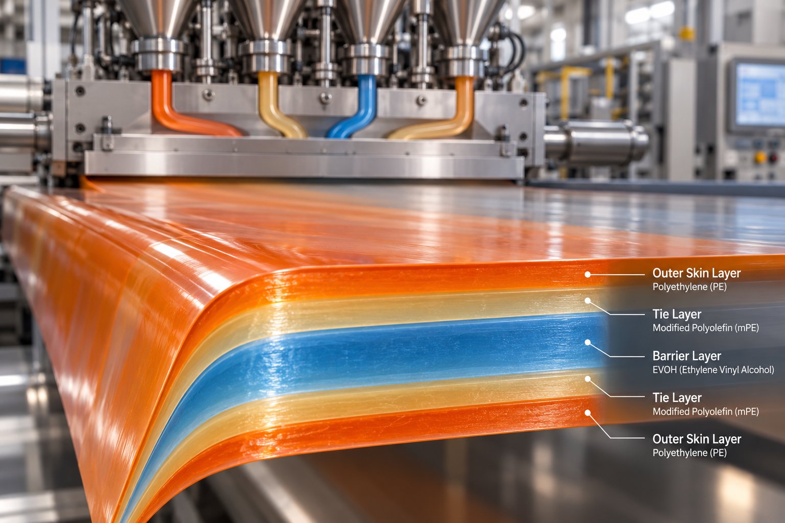 multilayer co extrusion configuration showing multiple polymer layers combined through a single die