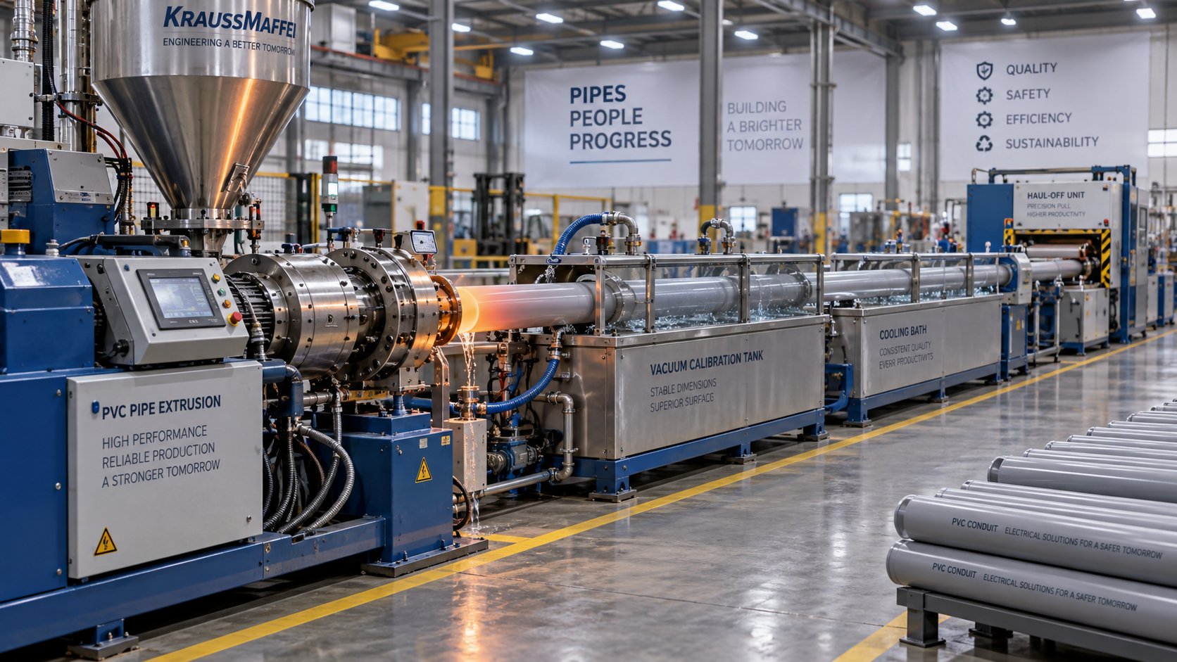 complete pvc conduit pipe making machine production line in an industrial factory setting