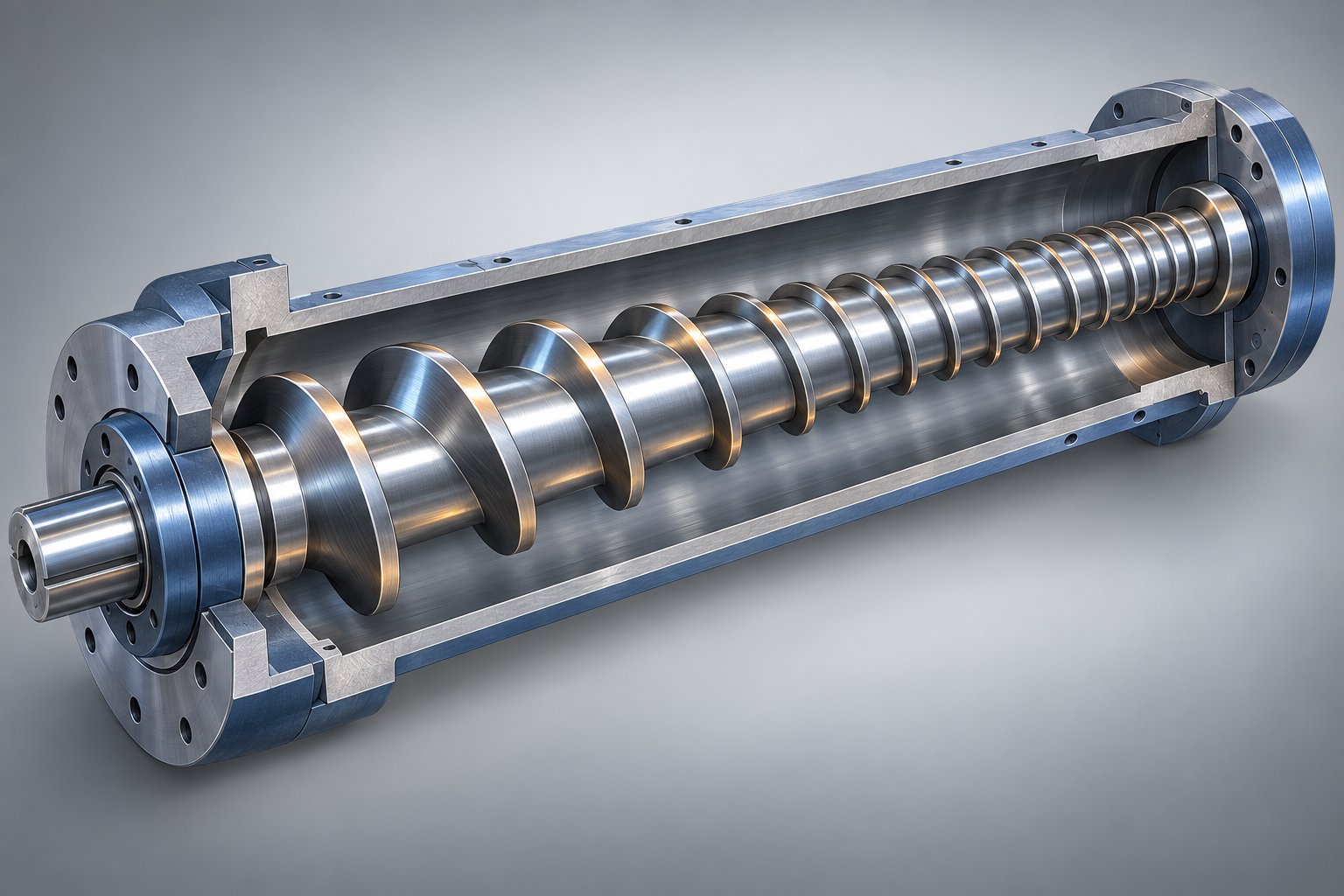 cutaway view of an extruder screw inside its barrel showing feed transition and metering zone geometry