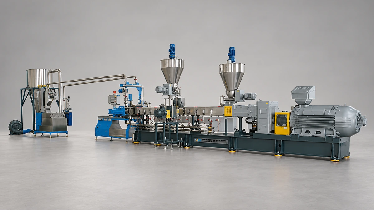 Long pelletizing equipment line with two feed hoppers, large drive motor and downstream units
