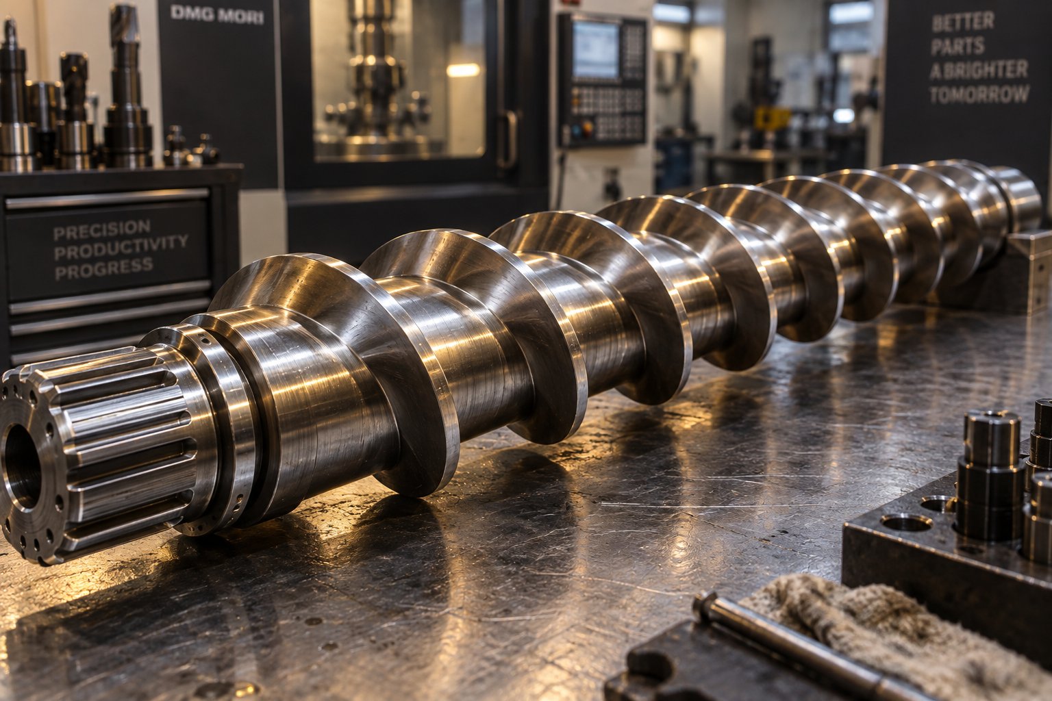 industrial extruder screw with precision machined flight geometry on a manufacturing workbench