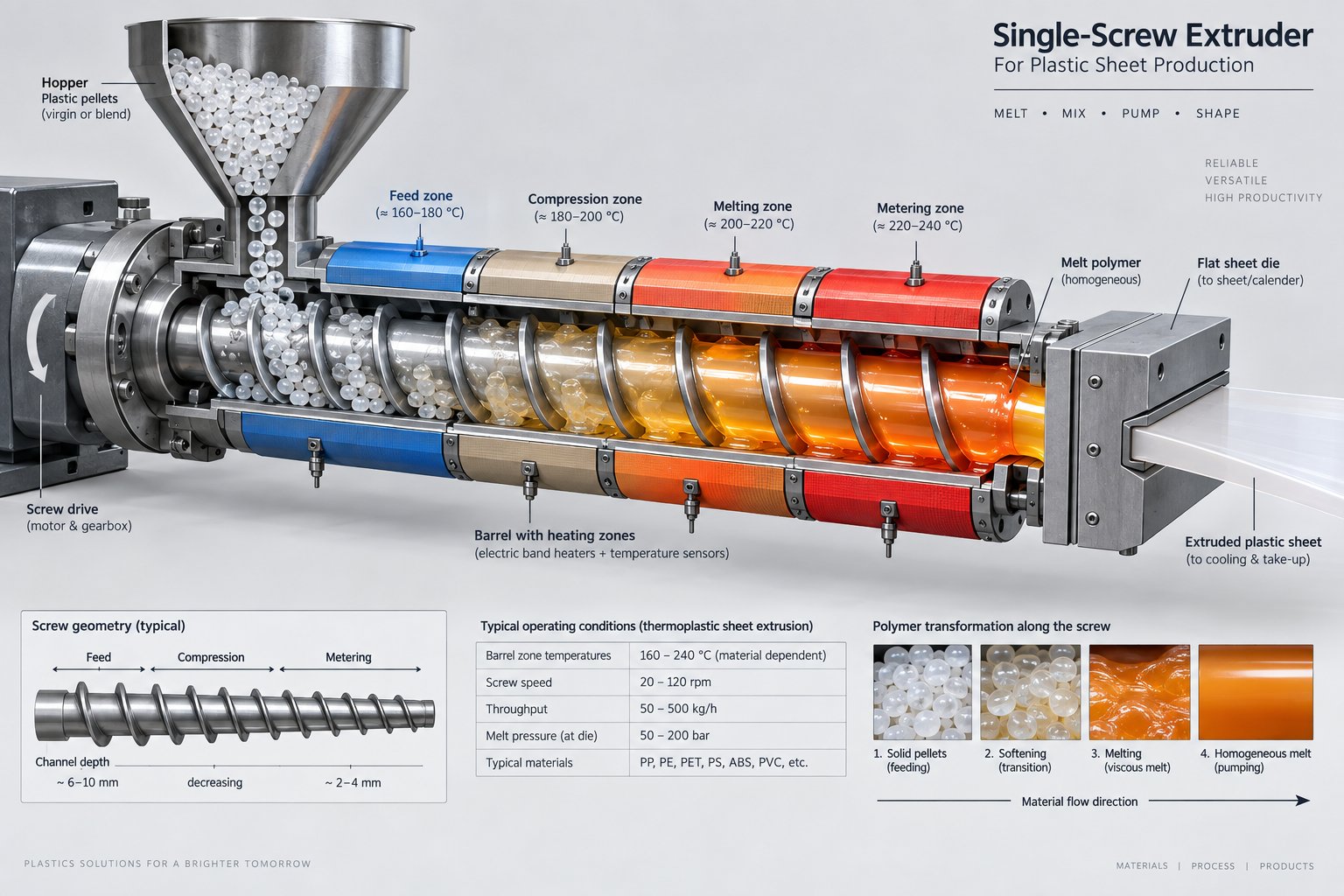 cutaway view of an extruder barrel and screw assembly showing heating zones and polymer flow path