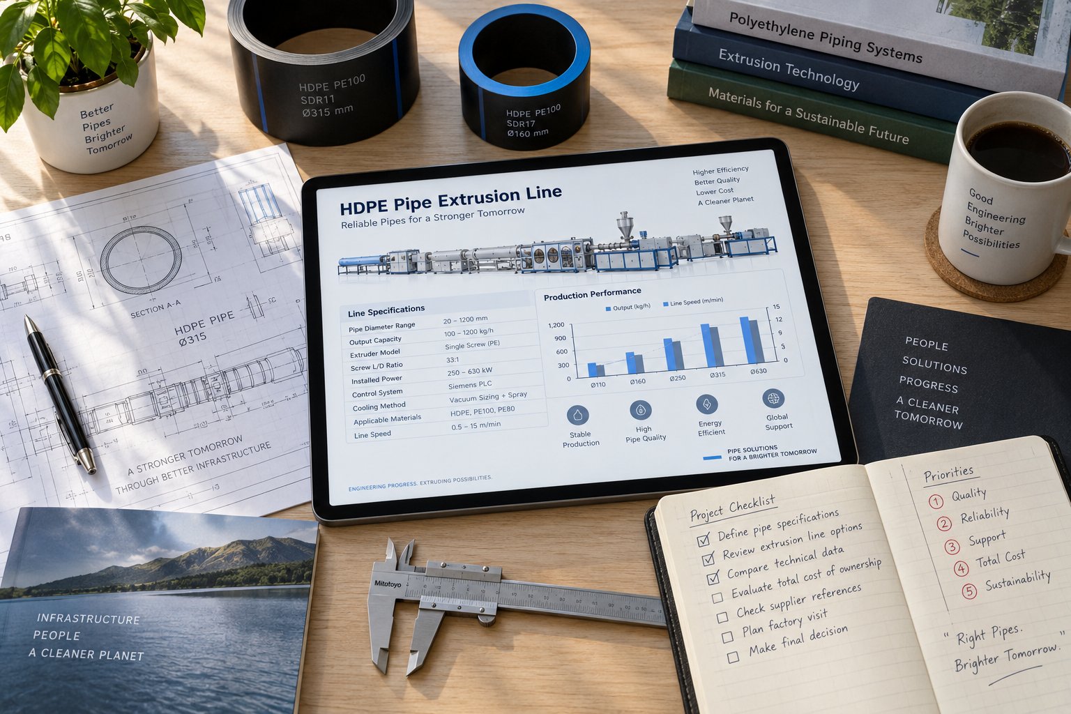 planning workspace with hdpe pipe samples and machine specification documents for equipment evaluation