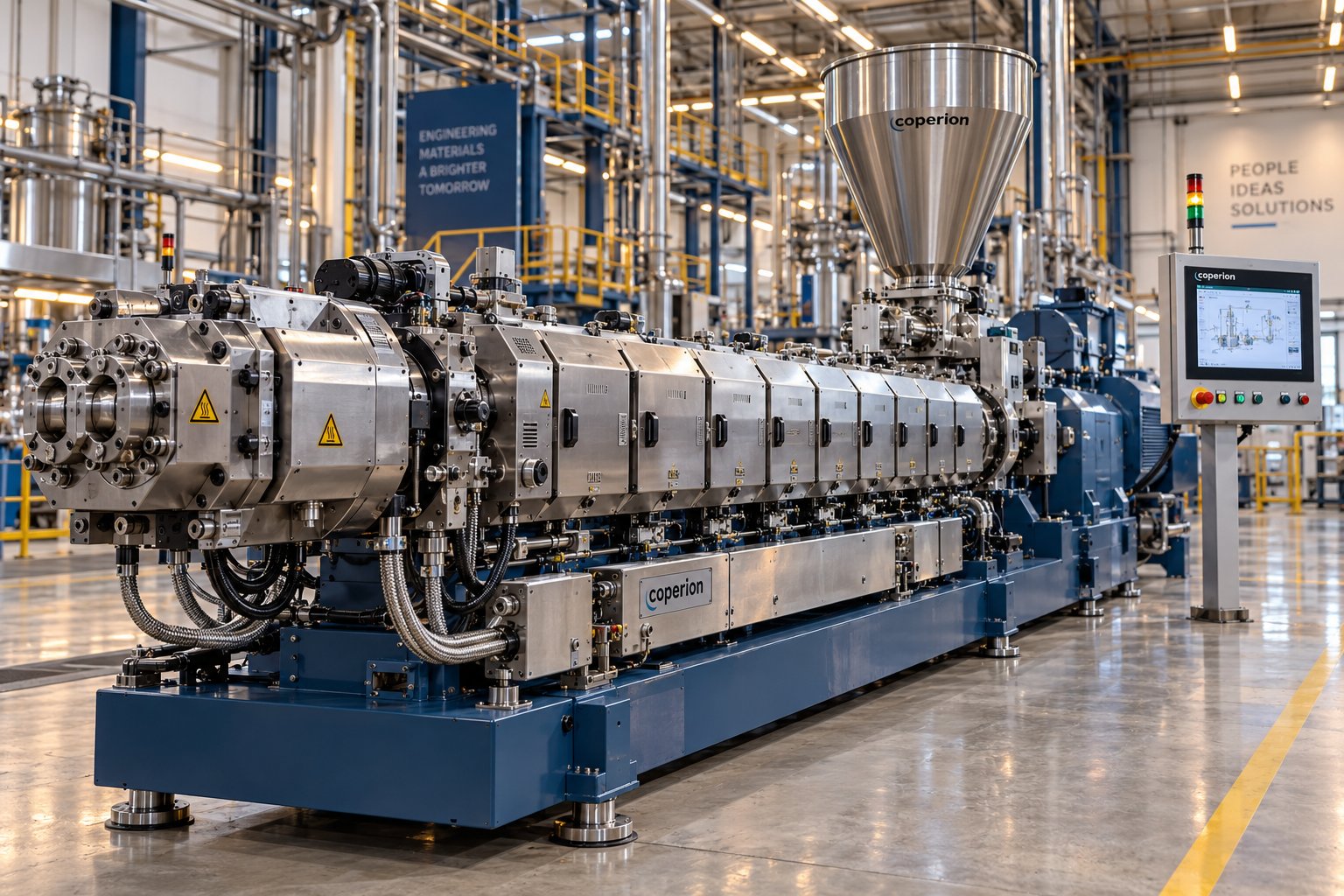 a production scale parallel twin screw extruder on a factory floor illustrating the engineering complexity behind pricing