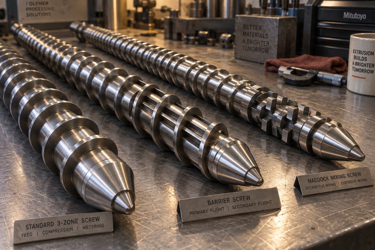 specialized extrusion screws including barrier flight and maddock mixer designs on a workshop bench