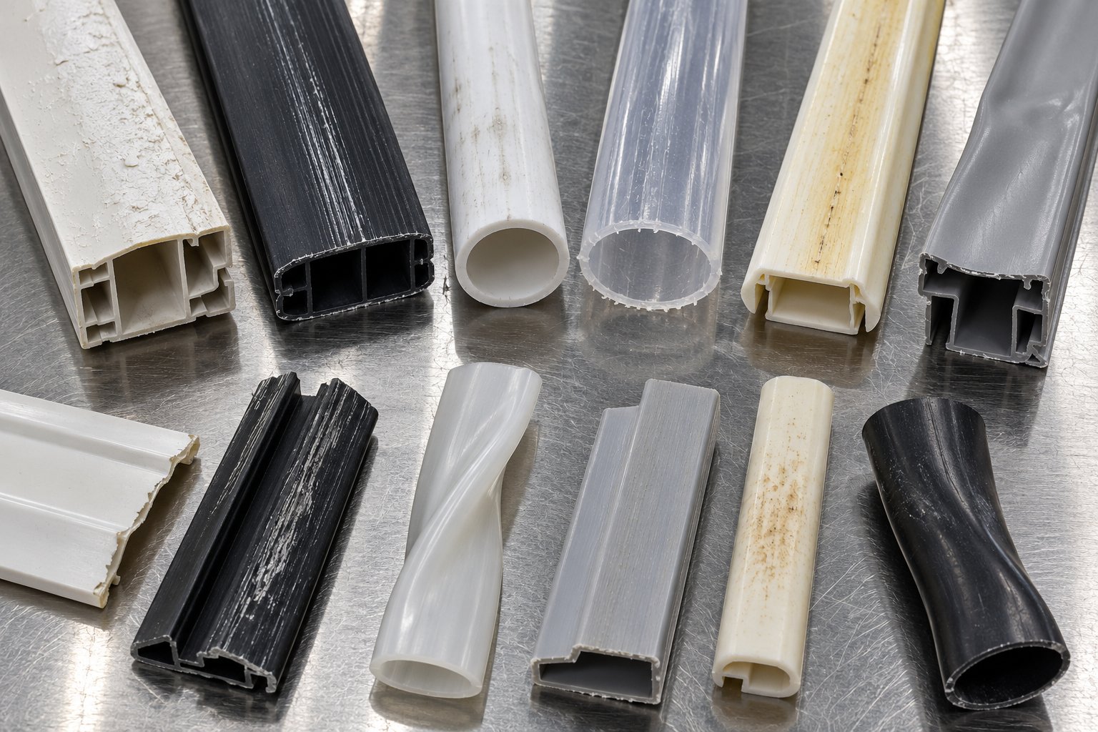 extruded plastic samples showing common surface and dimensional defects used for symptom based diagnosis