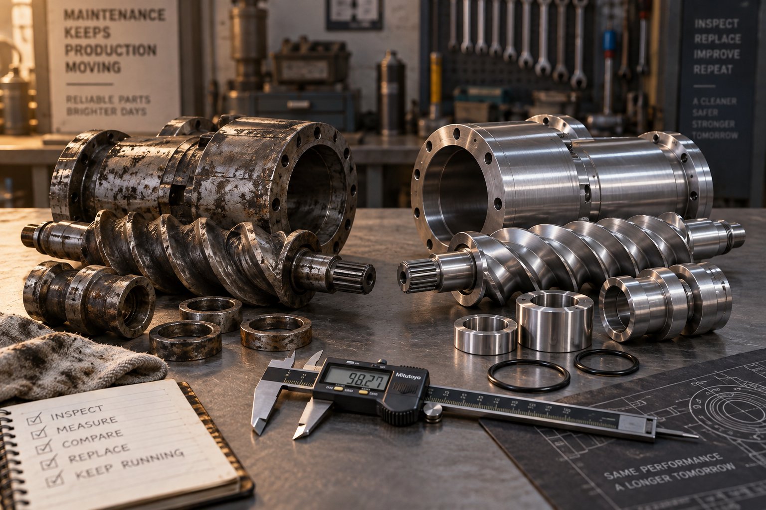 worn and new twin screw extruder barrel and screw elements side by side illustrating why wear part costs are a major factor in total cost of ownership