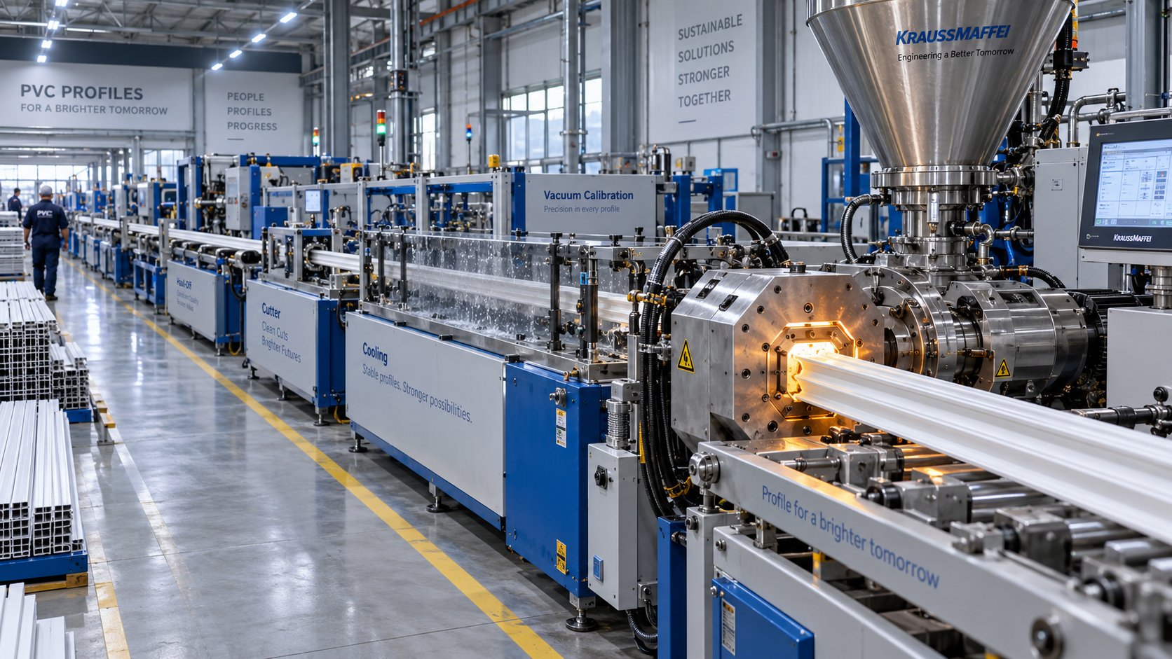 complete pvc profile extrusion line from extruder to stacking table in a modern production facility