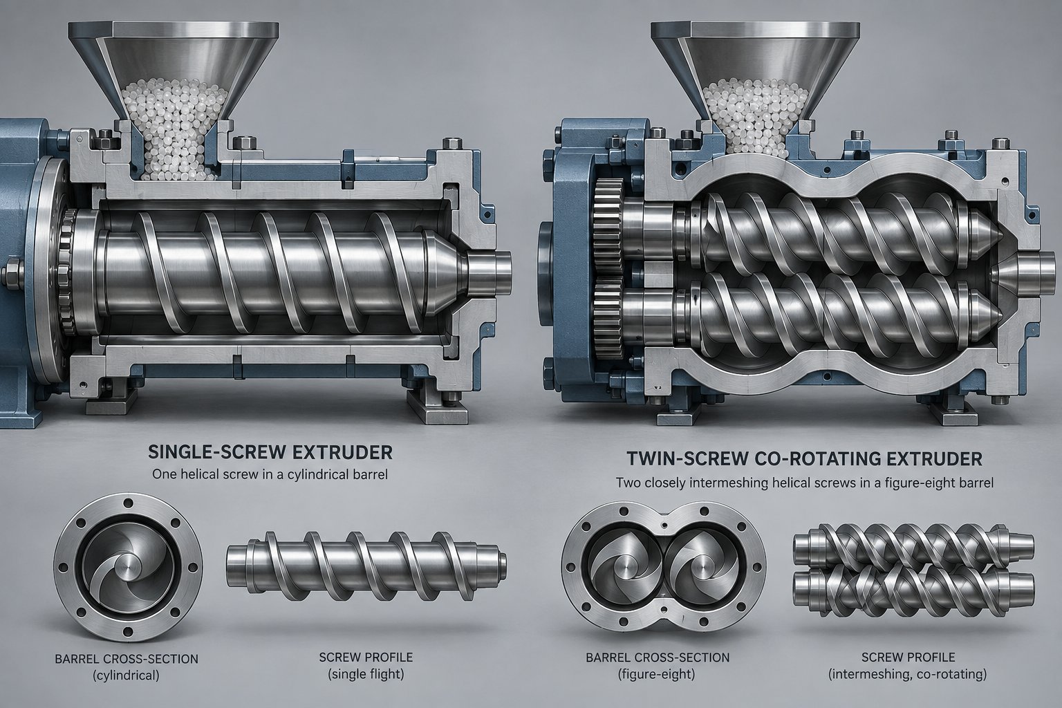 cross section comparison of single screw and twin screw extruder architectures each with distinct feeding mechanisms and instability profiles
