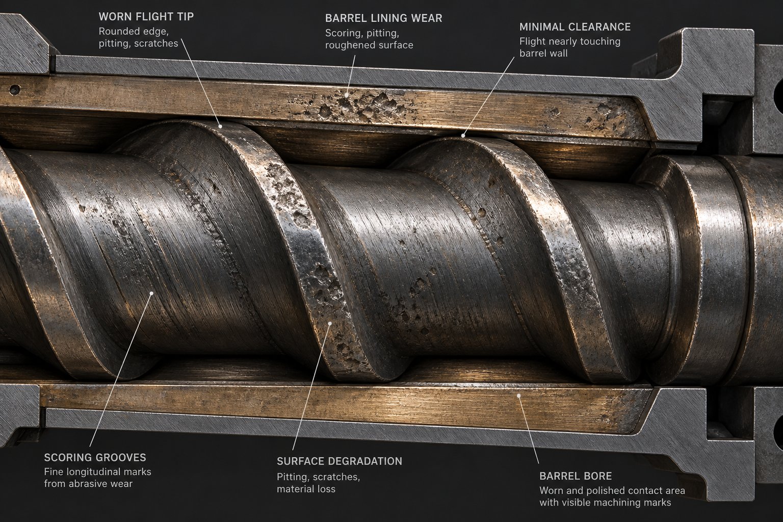 cross section view of screw and barrel wear at the flight tip to bore interface