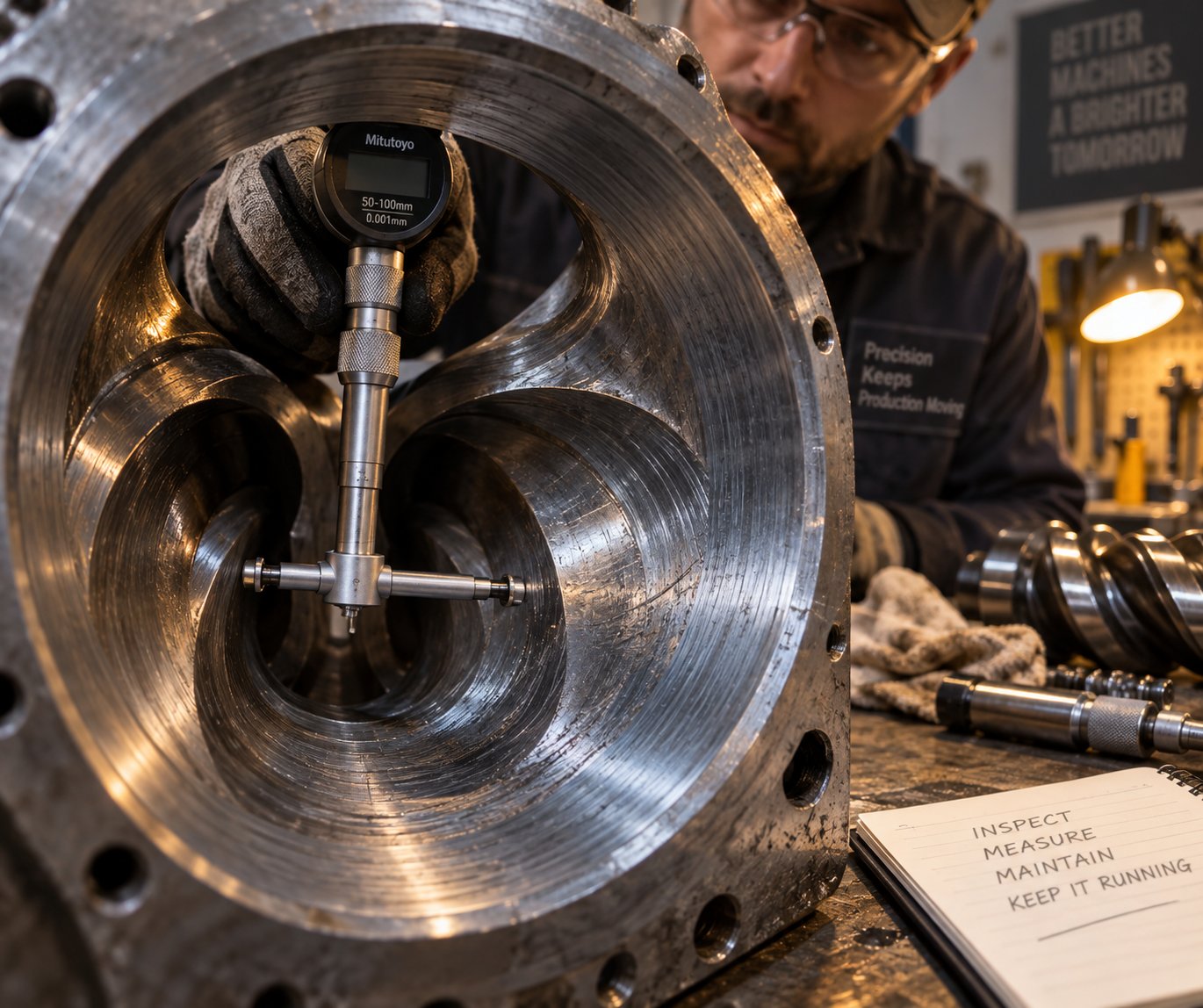technician measuring conical twin screw barrel bore clearance during routine maintenance inspection