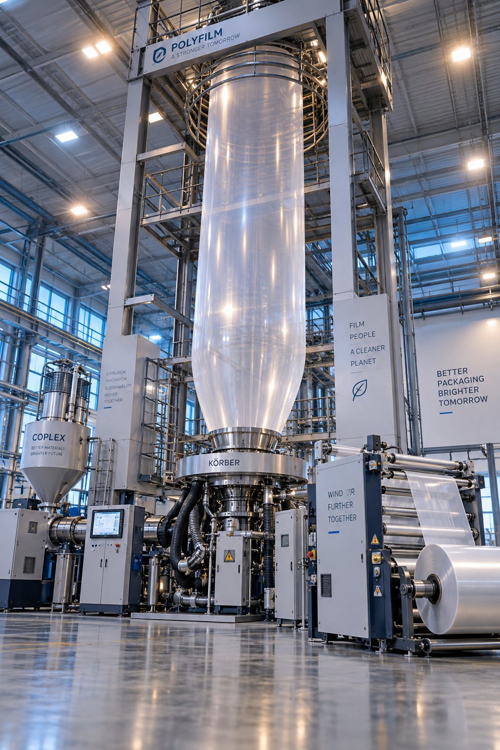 a blown film extrusion machine producing a tubular film bubble from die head to collapsing frame in a modern production facility