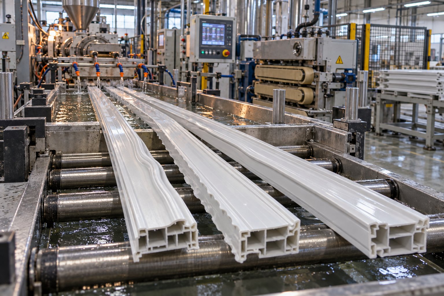 extruded product on a production line feed zone instability cascades into dimensional variation and surface defects visible at the finished product stage