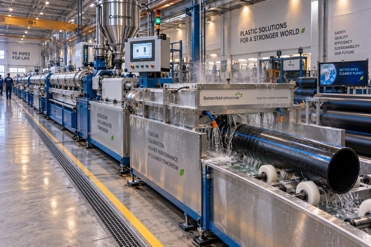 a complete plastic pipe extrusion line from extruder to finished pipe output