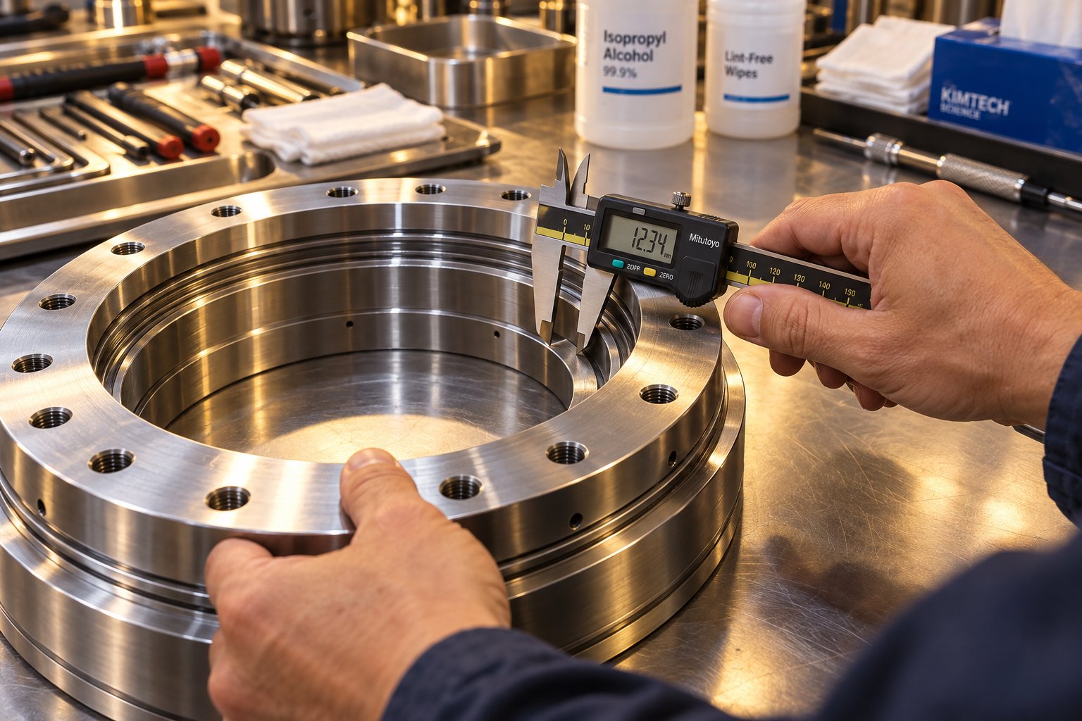 precision inspection of a blown film die component during scheduled maintenance %E2%80%94 regular die care prevents gauge variation from creeping back
