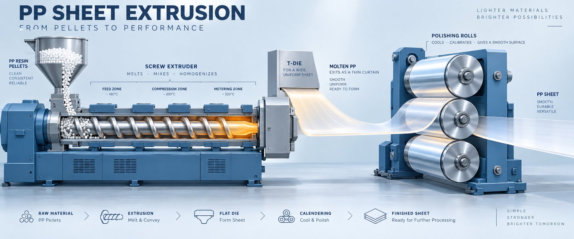 the pp sheet extrusion workflow from raw pellets through melting die forming and polishing stack cooling