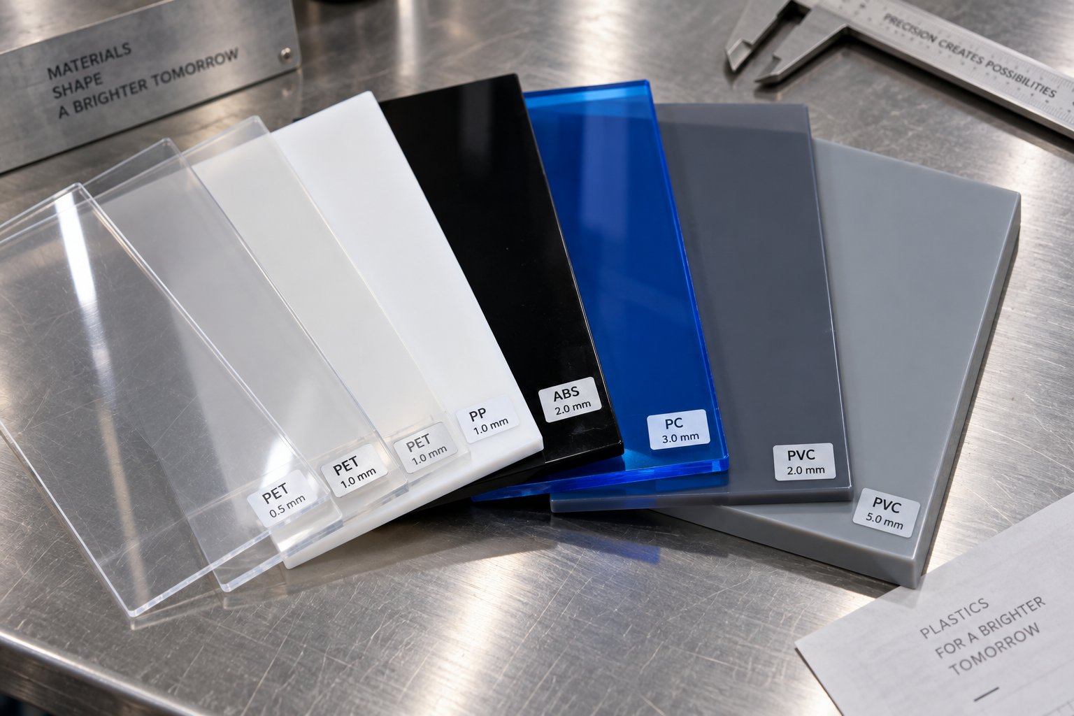 various polymer sheet samples produced on sheet extrusion machines each requiring distinct processing parameters and machine configurations