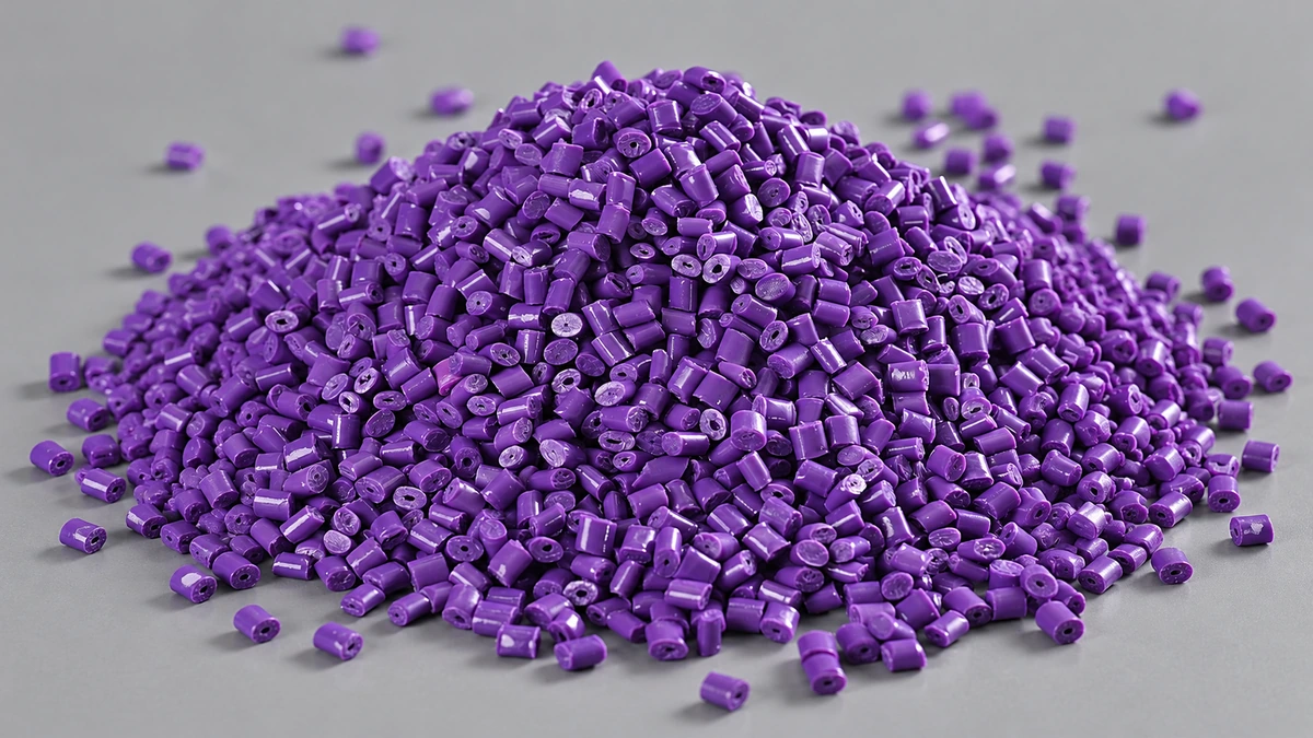 Close-up pile of purple cylindrical masterbatch pellets on a grey surface