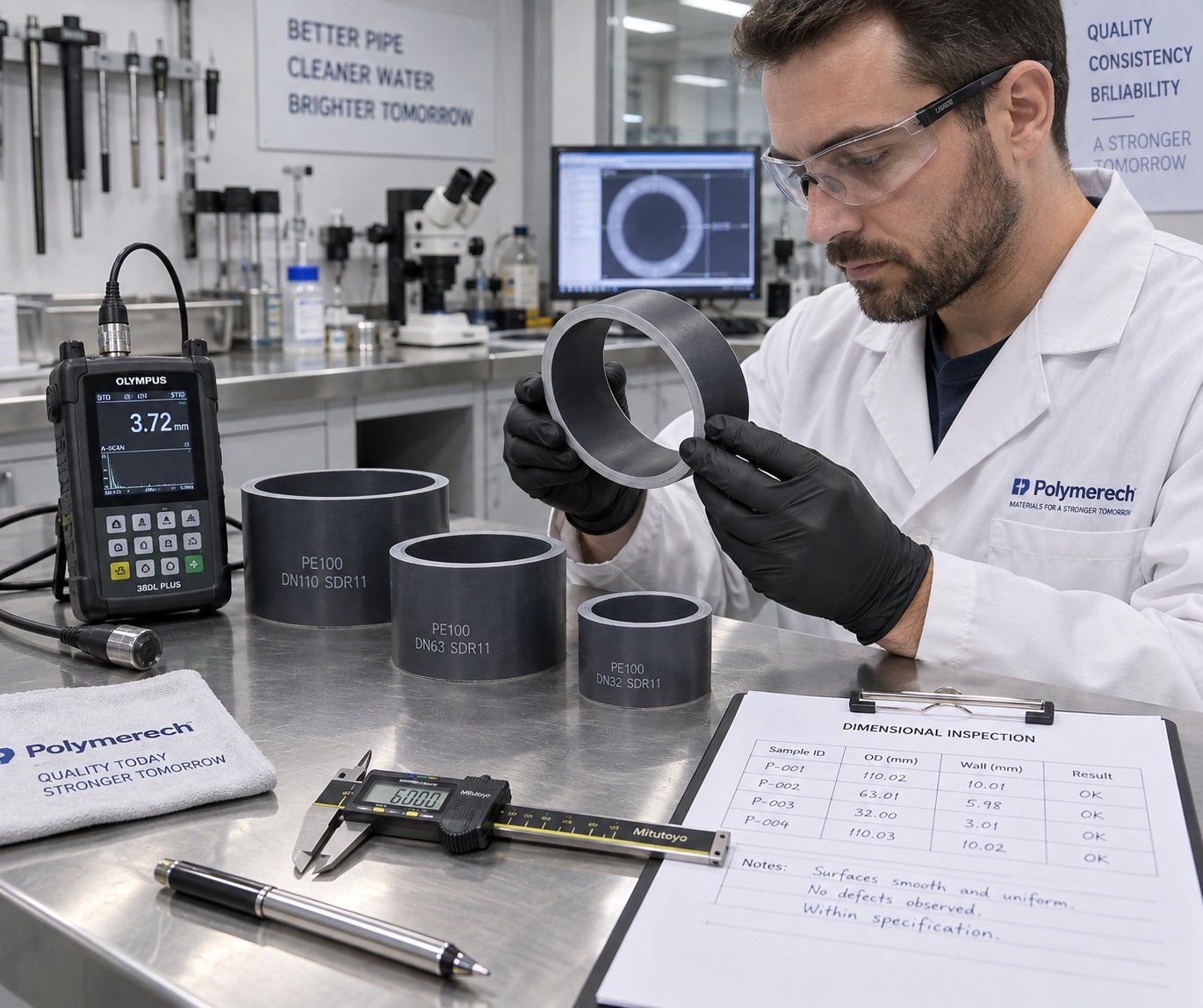 quality control inspection of extruded plastic pipe cross sections for dimensional accuracy