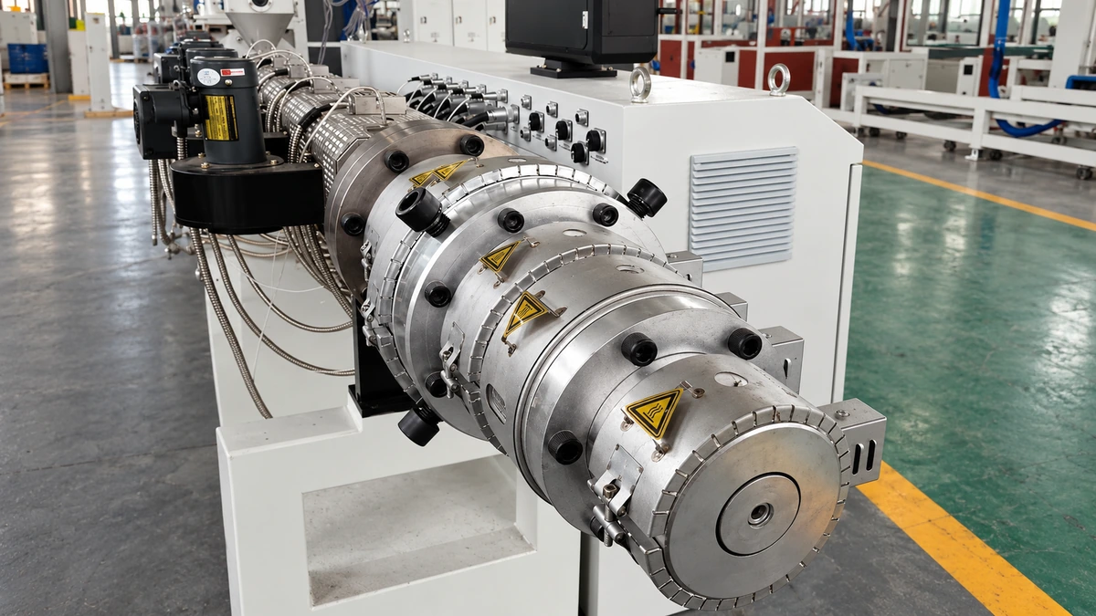 Extruder barrel with circular heater covers, black fasteners and front die section