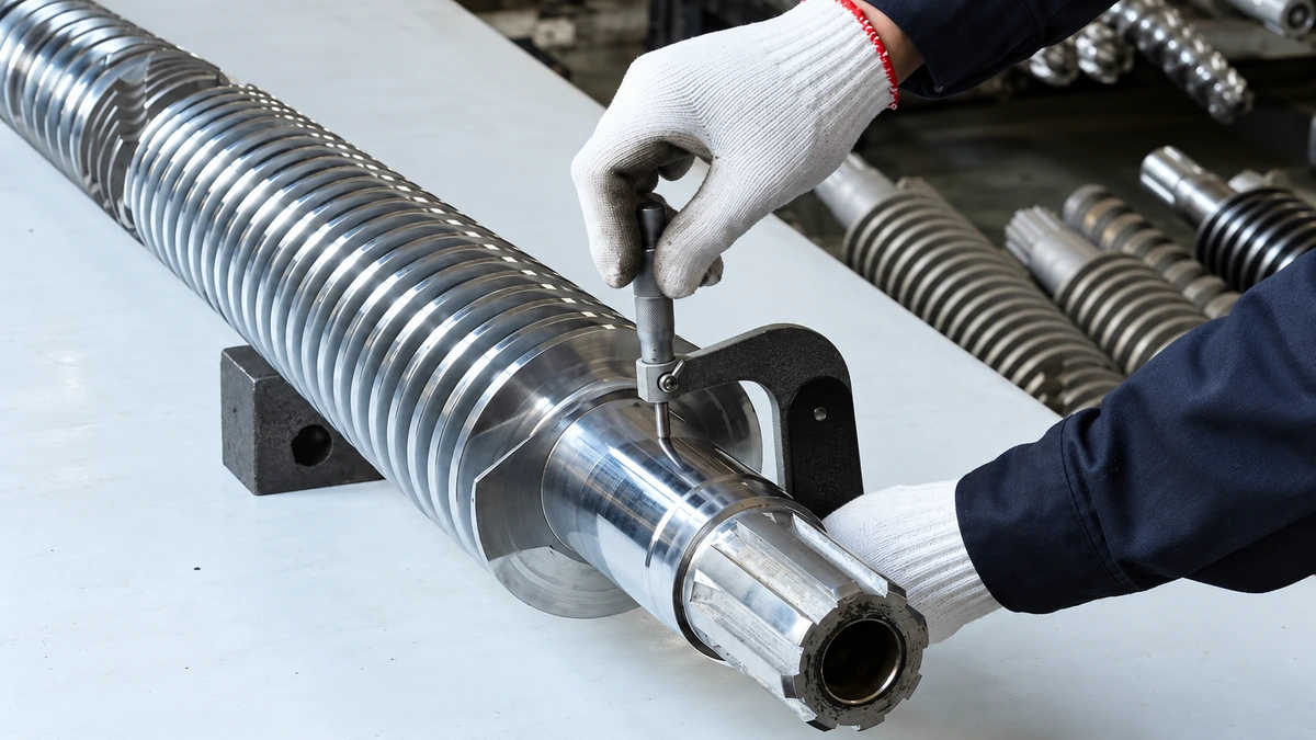Gloved operator measuring the smooth shank of an extruder screw beside its hollow splined end