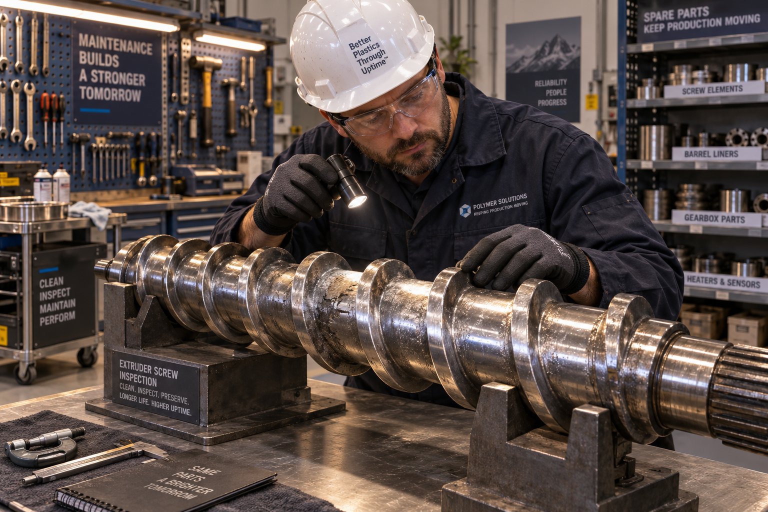 technician inspecting an extruder screw for wear during scheduled preventive maintenance