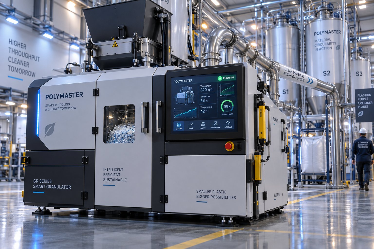 a modern iot enabled plastic granulator with smart monitoring sound dampening enclosure and integrated conveying system