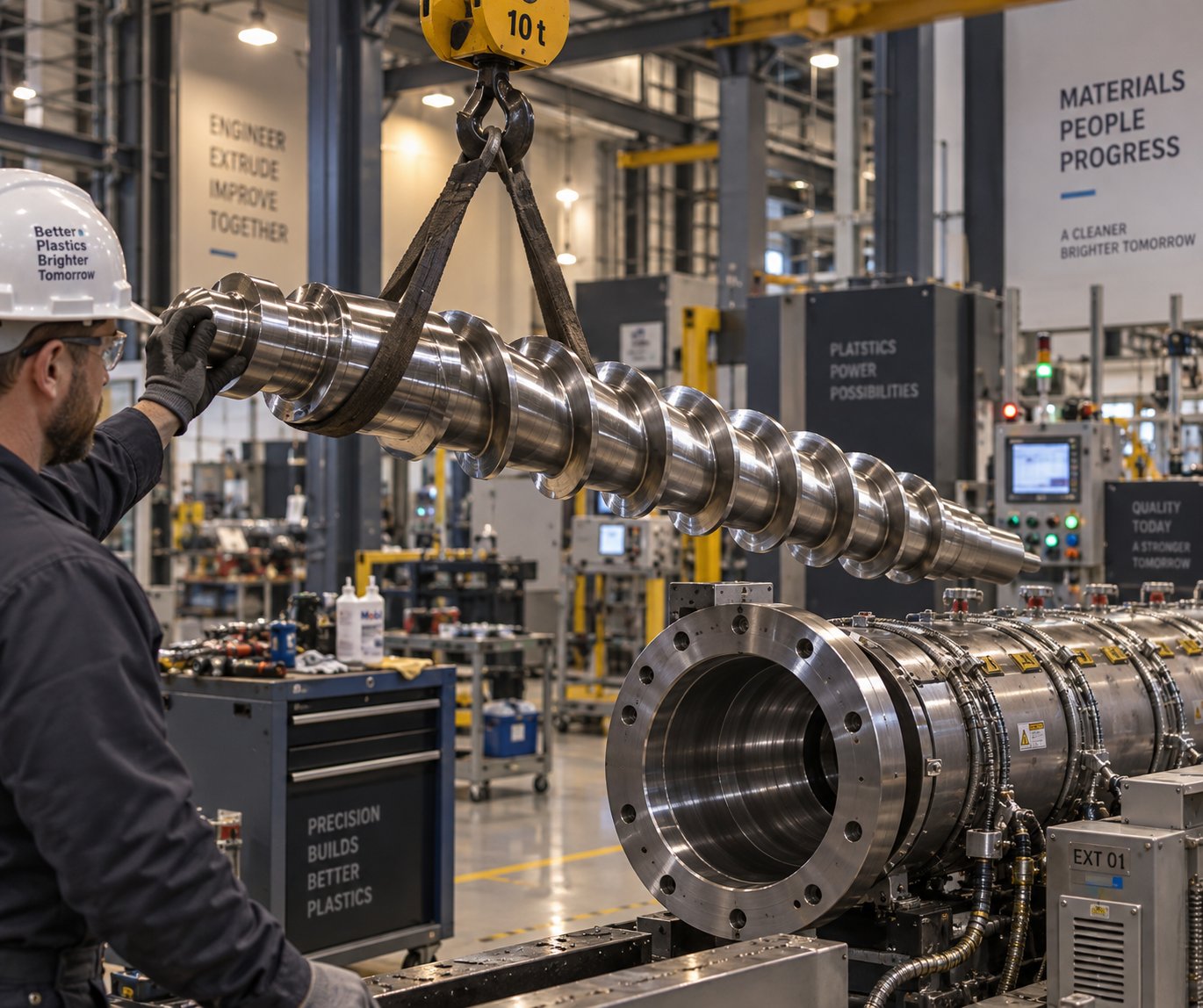 a new extruder screw being installed into a barrel bore during a planned screw barrel replacement procedure