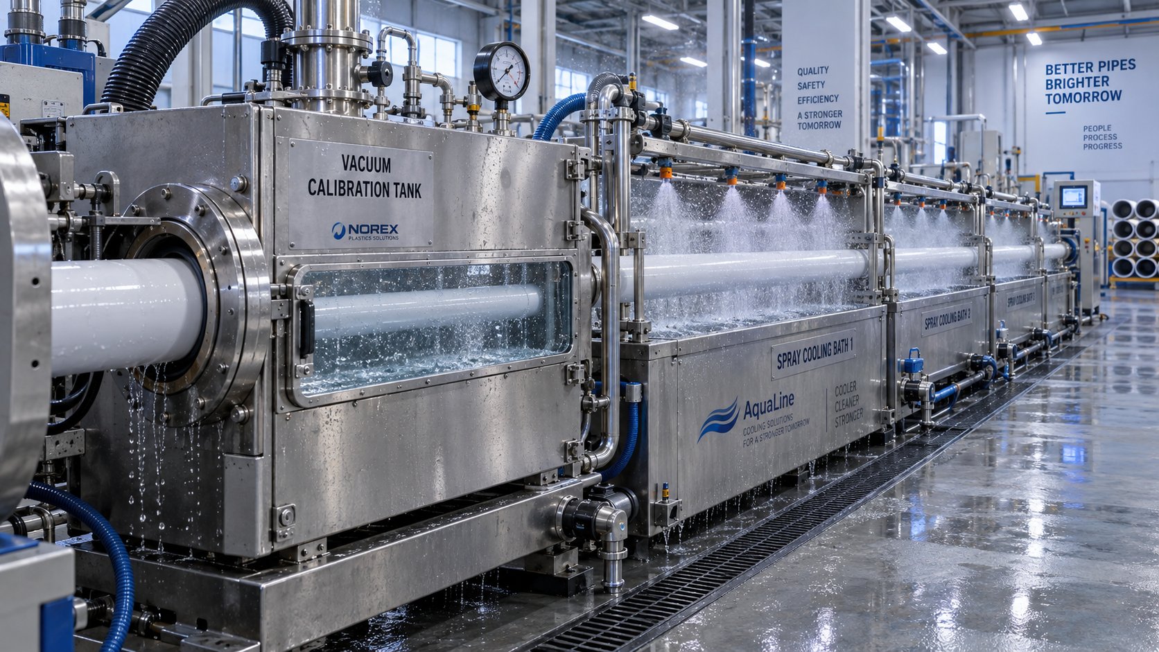 downstream vacuum calibration and spray cooling tanks that lock in pp pipe dimensions and manage crystallization during production