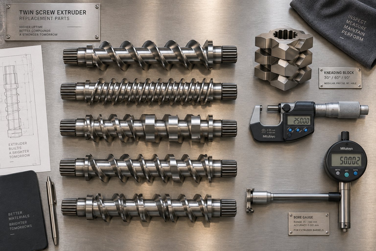 twin screw extruder replacement parts and precision measurement tools used for wear inspection and quality verification