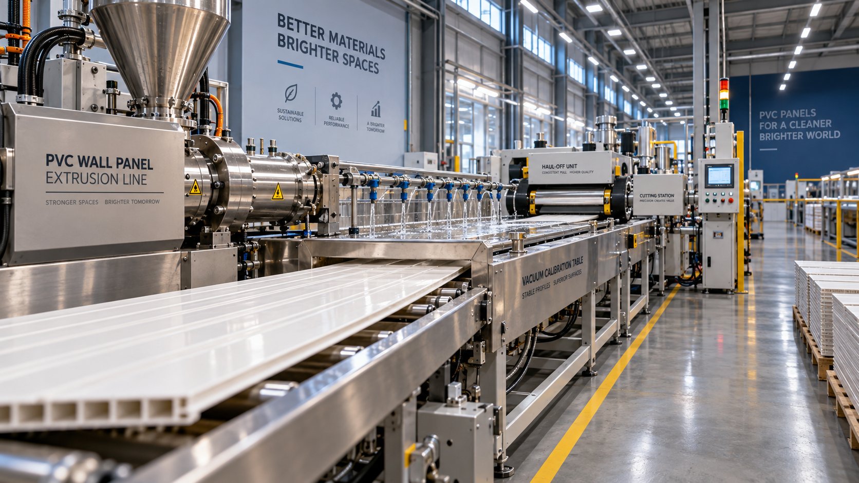 complete pvc wall panel extrusion line showing the integrated production system from extruder to cutting station
