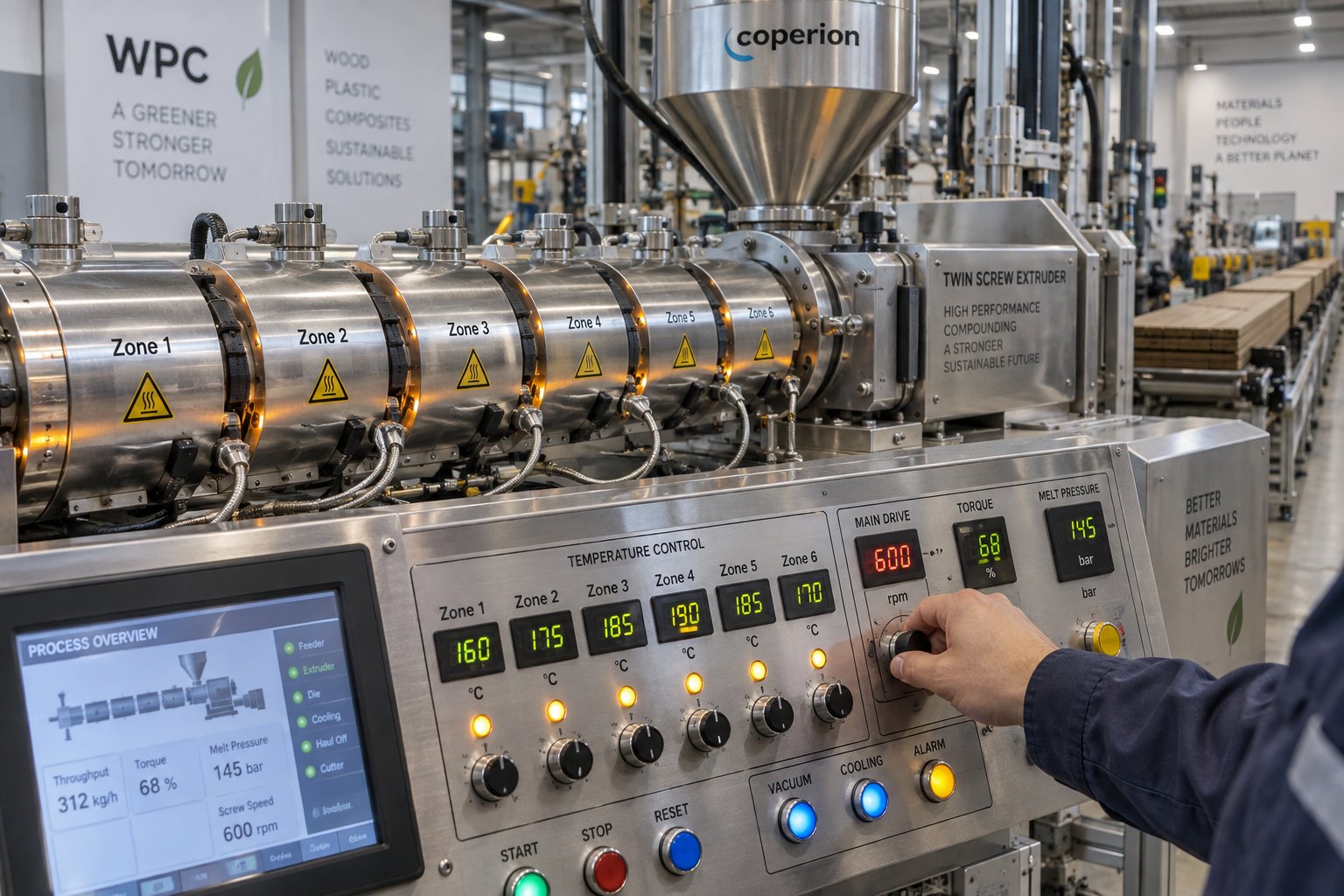 temperature zone controls along an extruder barrel where precise parameter settings determine wpc board quality