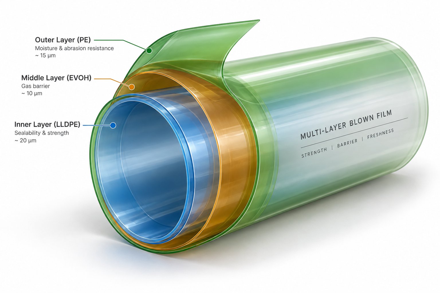multi layer blown film structures stack functional polymer layers to achieve barrier strength and sealing properties in a single film