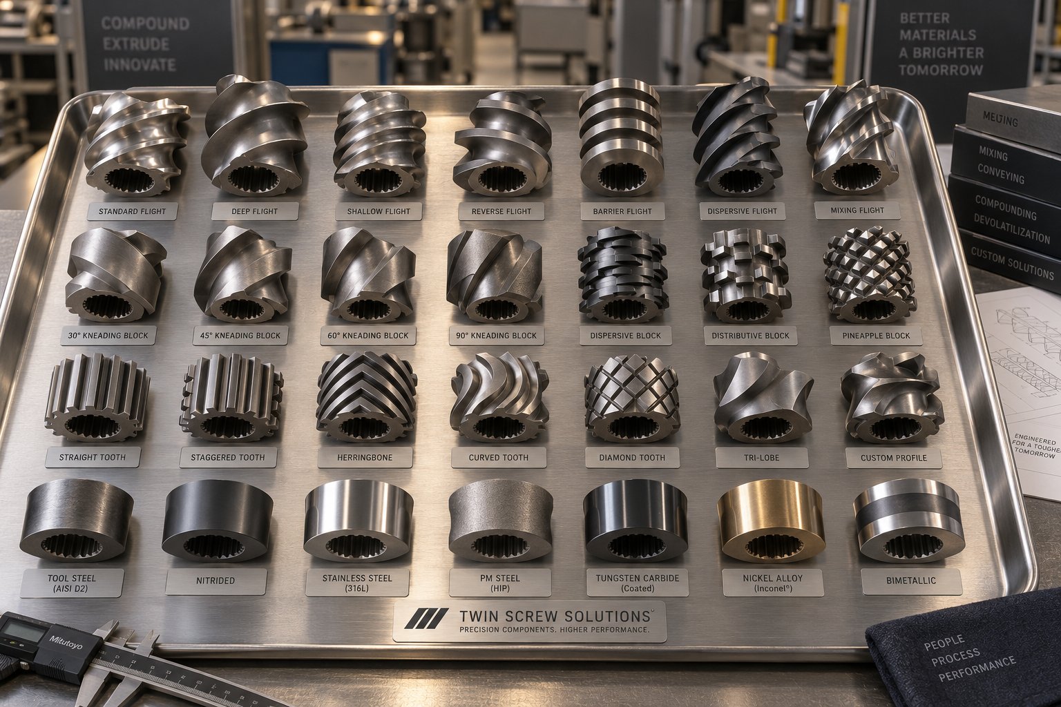 modular screw segments and kneading blocks in multiple configurations ready for twin screw extruder profile assembly