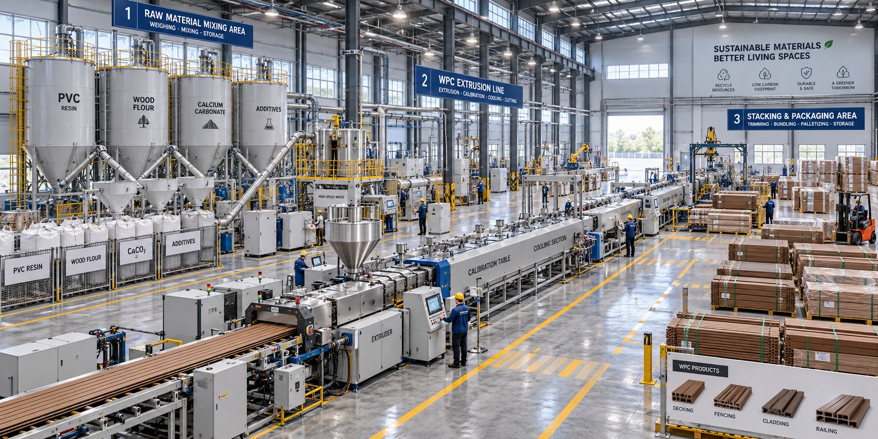 an organized wpc production facility layout with separate zones for compounding extrusion and packaging