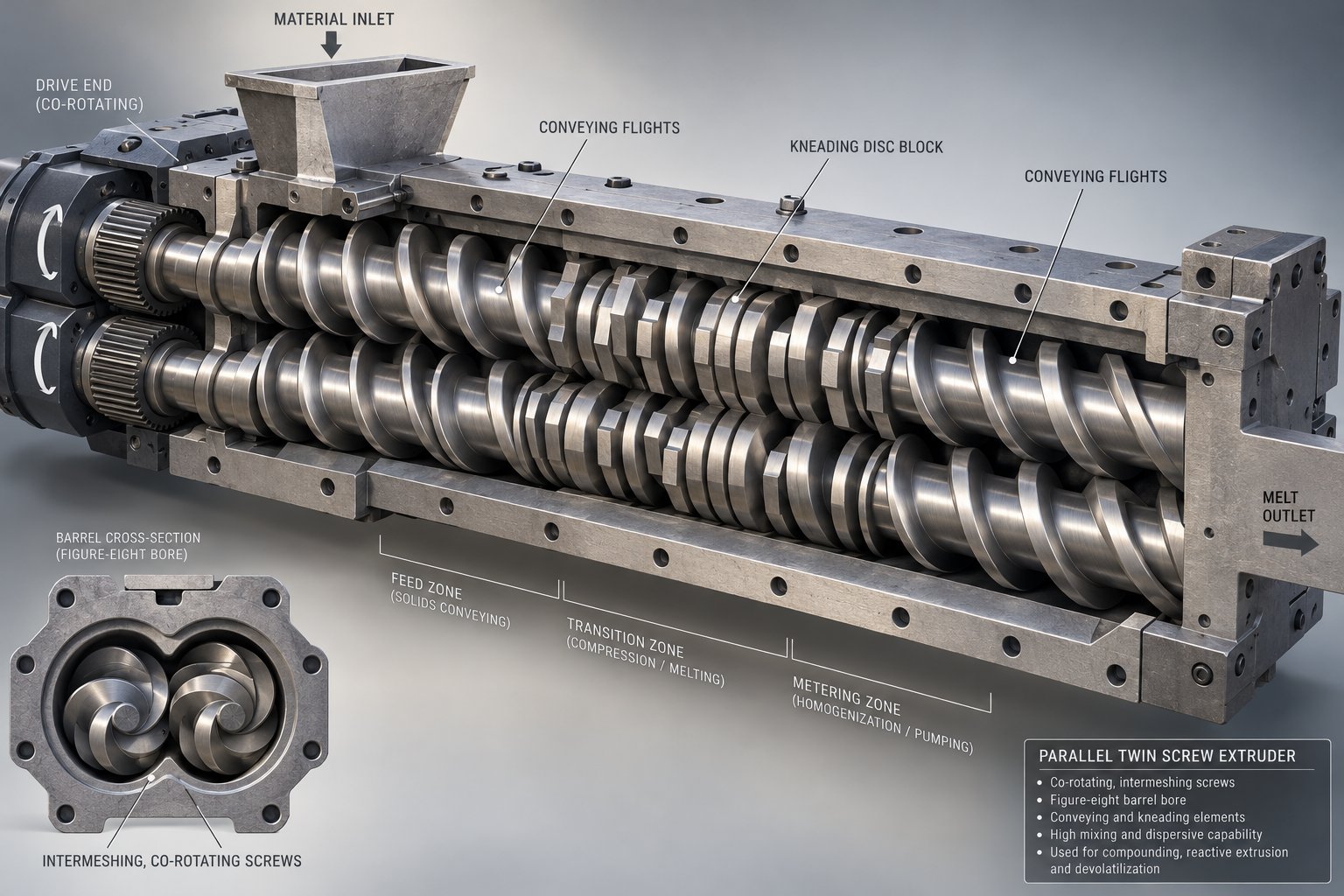 cutaway view of intermeshing parallel twin screws inside a figure eight barrel bore showing conveying and kneading element zones