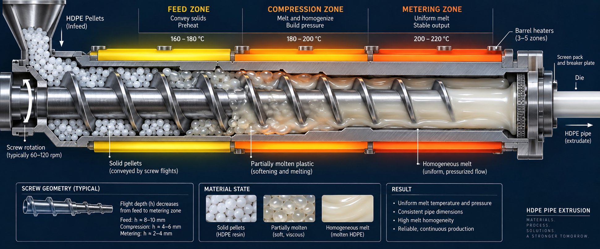 cross section view of the hdpe extrusion process inside the barrel from pellet feeding to molten polymer output
