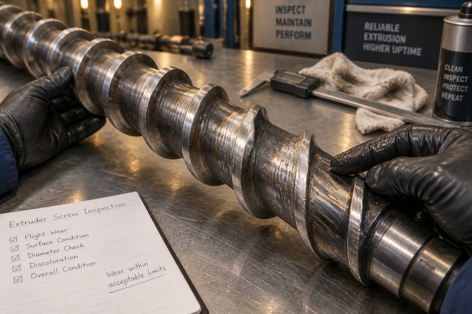 inspecting worn extruder screw flight surfaces before selecting the appropriate wear repair technique