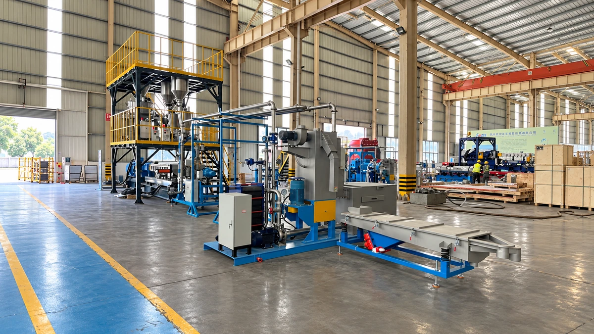 Extrusion and pelletizing equipment with a tall feeding tower and downstream units inside a workshop.
