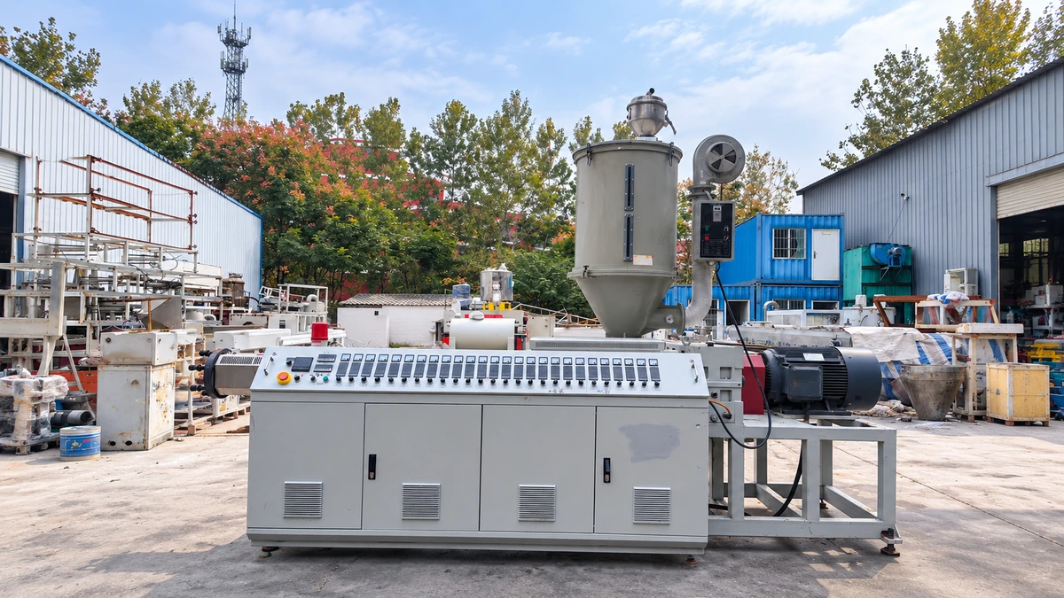 Single-screw extruder with a control cabinet, tall hopper and drive motor in an outdoor equipment yard.