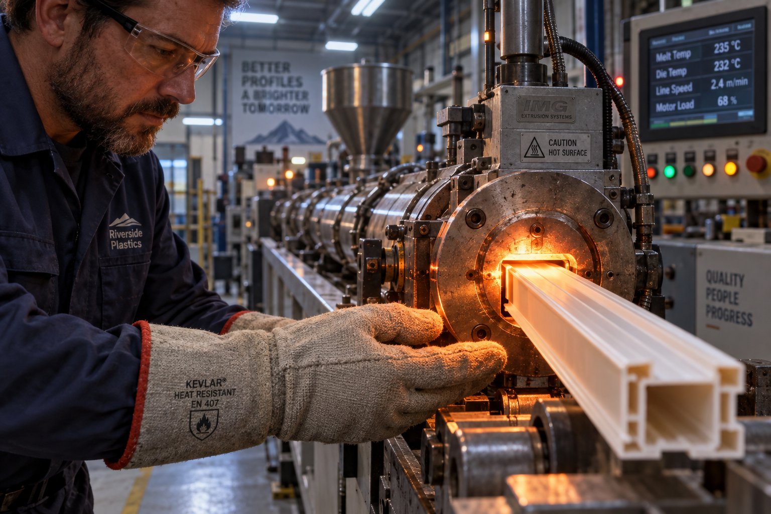 operator inspecting extrudate quality at the die exit of a plastic extruder during production