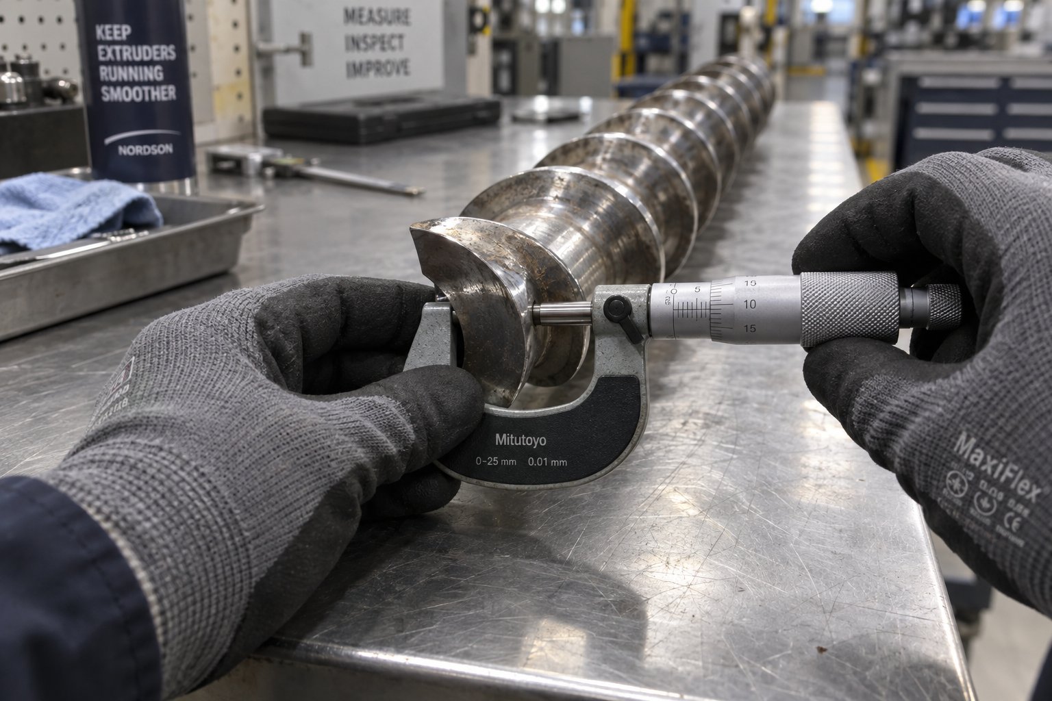 measuring screw flight wear with a micrometer during a scheduled barrel inspection