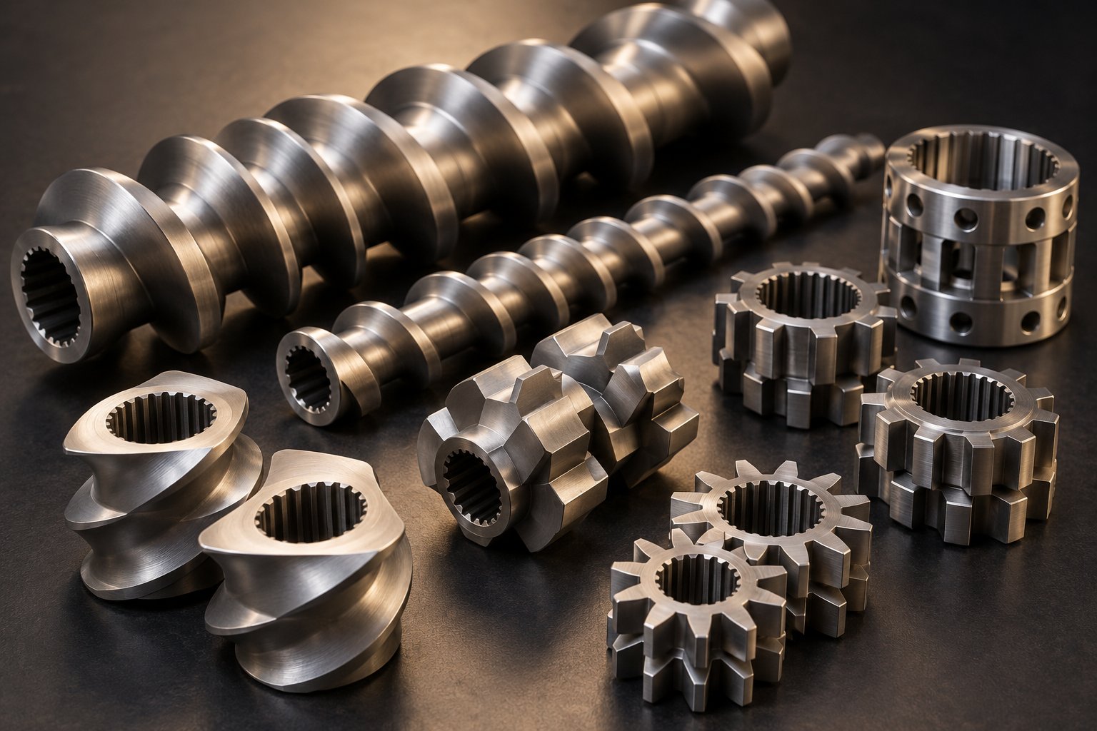 different types of twin screw elements including conveying flights kneading blocks and specialty sealing components