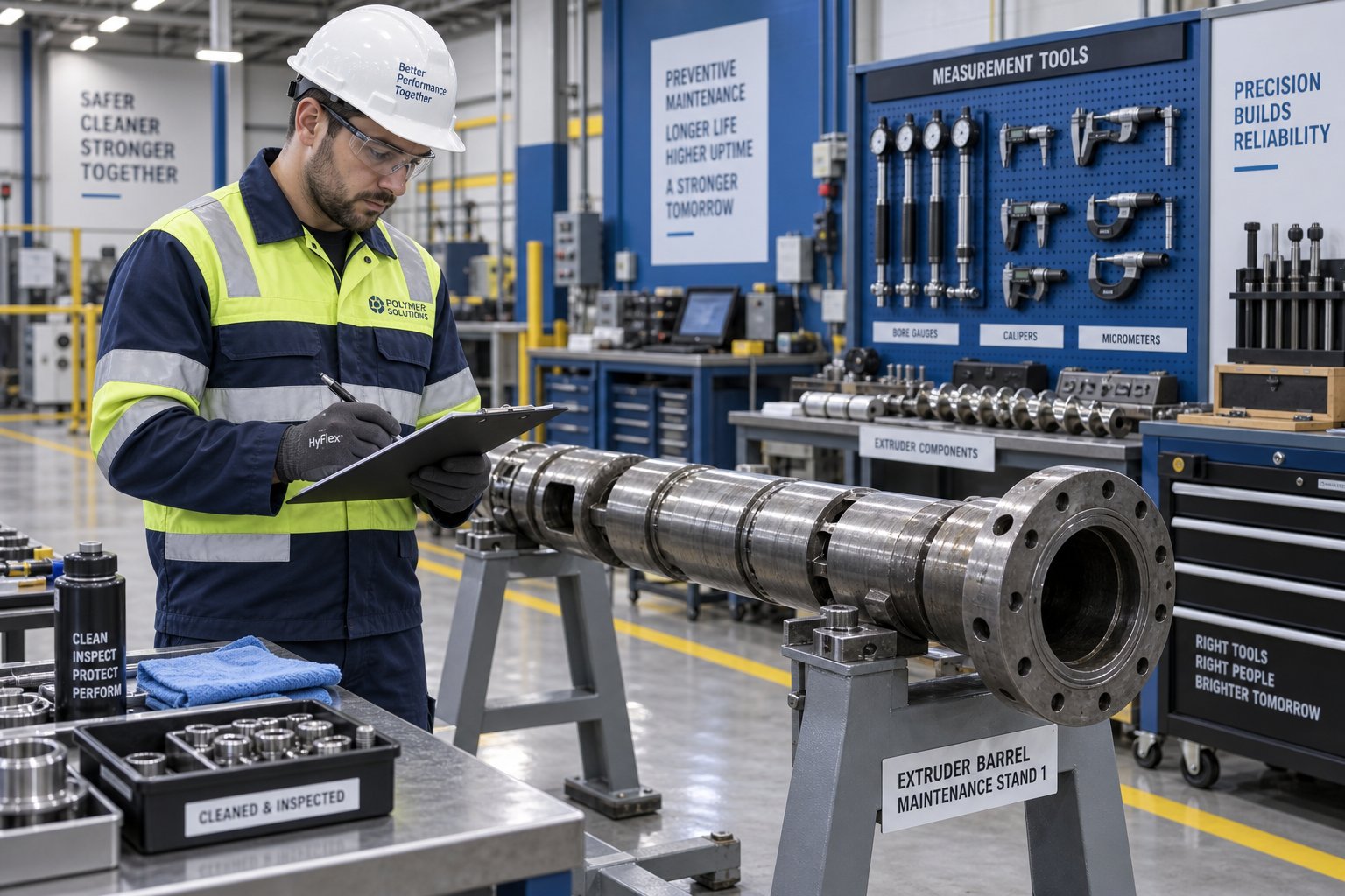 a technician logs barrel bore measurements during scheduled preventive maintenance to track wear rate and plan future service intervals